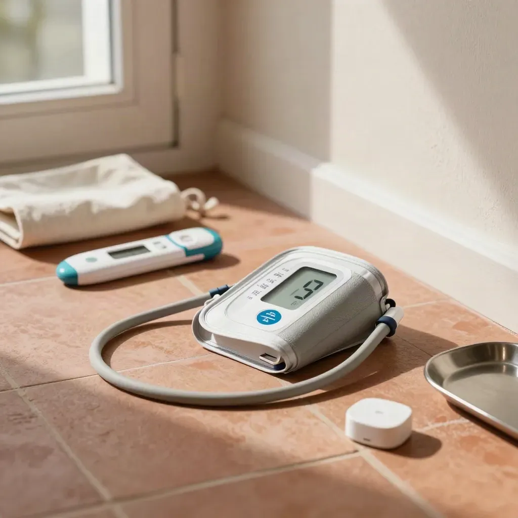 Home health-check kit with cuff, thermometer, pulse reader and charger on a terracotta floor.