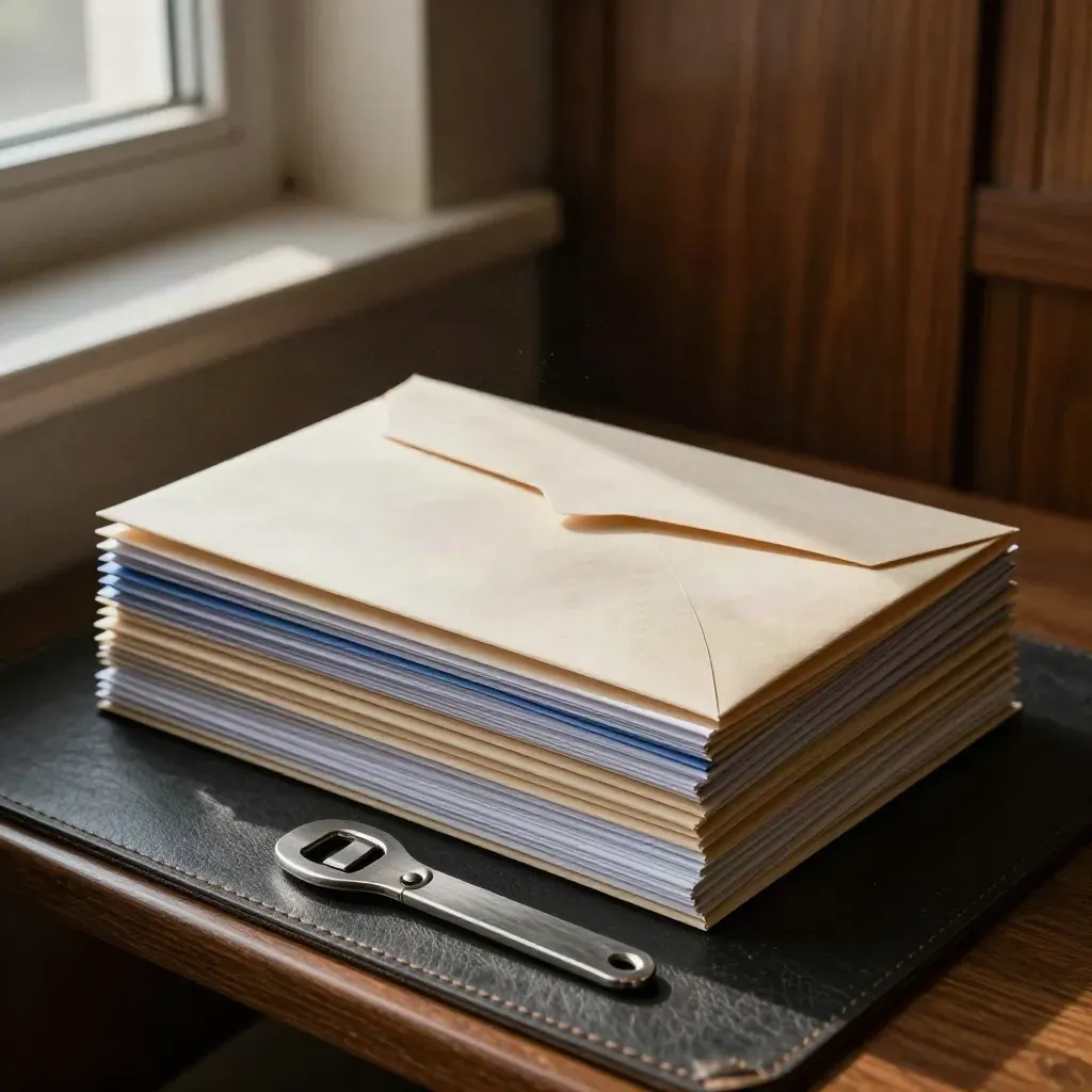 Sealed referral sleeve, folio and letter opener on leather mat in moody clinic light.