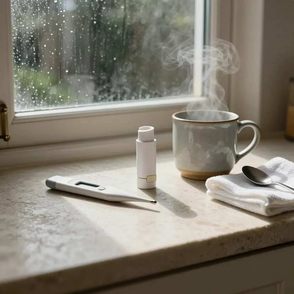 Thermometer, inhaler case and steaming mug on a kitchen counter by a rain-streaked window.