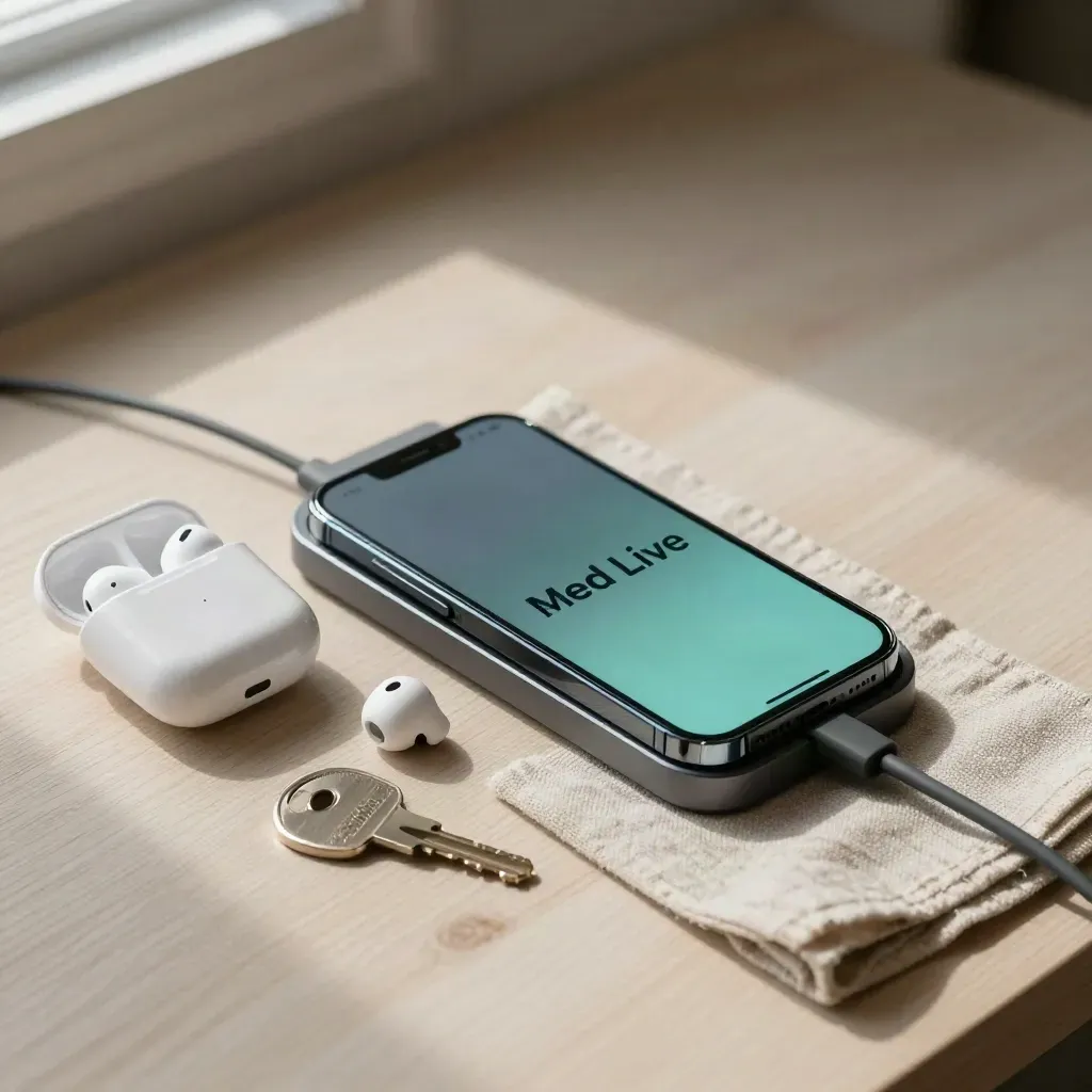 Overhead still life of a lit phone, earbuds case, key and charging dock on pale wood.