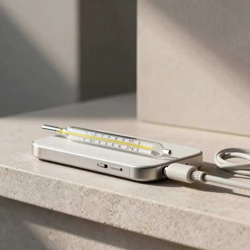 Phone cradle, thermometer and charging cable on pale stone, lit by soft side light.