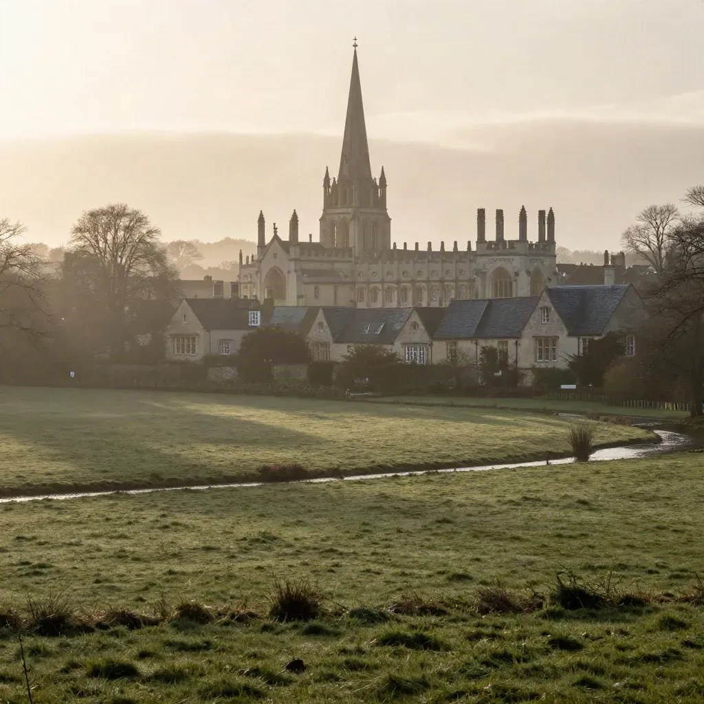 Oxford spires above misty Cherwell meadows after rain, sun breaking through